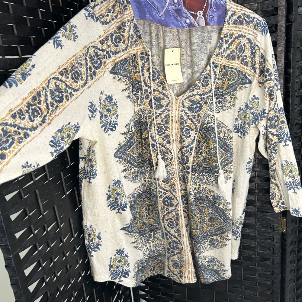 Lucky Brand Cream, Blue & Gold Paisley Tassel Tunic